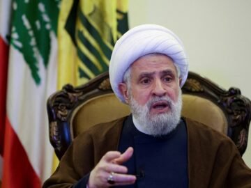 Lebanon’s Hezbollah deputy leader Sheikh Naim Qassem speaks during an interview with Reuters in in Beirut’s suburbs